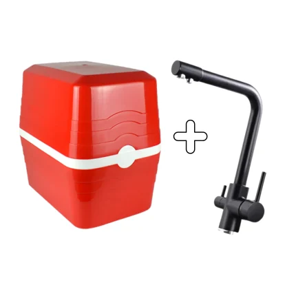 Eco One 5 Aşamalı Pompasız - Kırmızı + 3 Yollu Lüks Musluk - Siyah